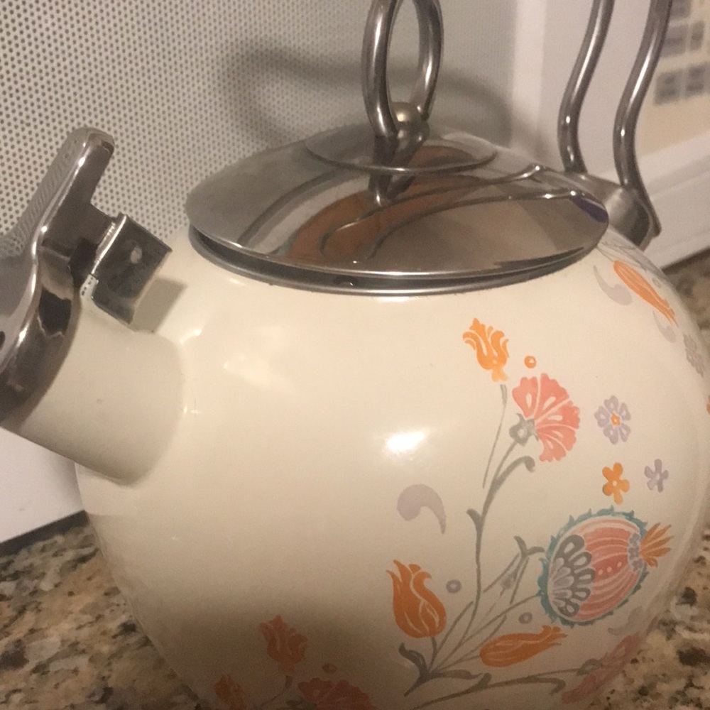 World Market Floral White and Silver Whistling Tea kettle